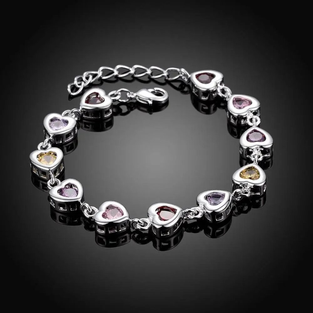 Beautiful Multi - Colored Heart Style Ladies Bracelet .925 Solid Sterling Silver - Picture 2 of 6
